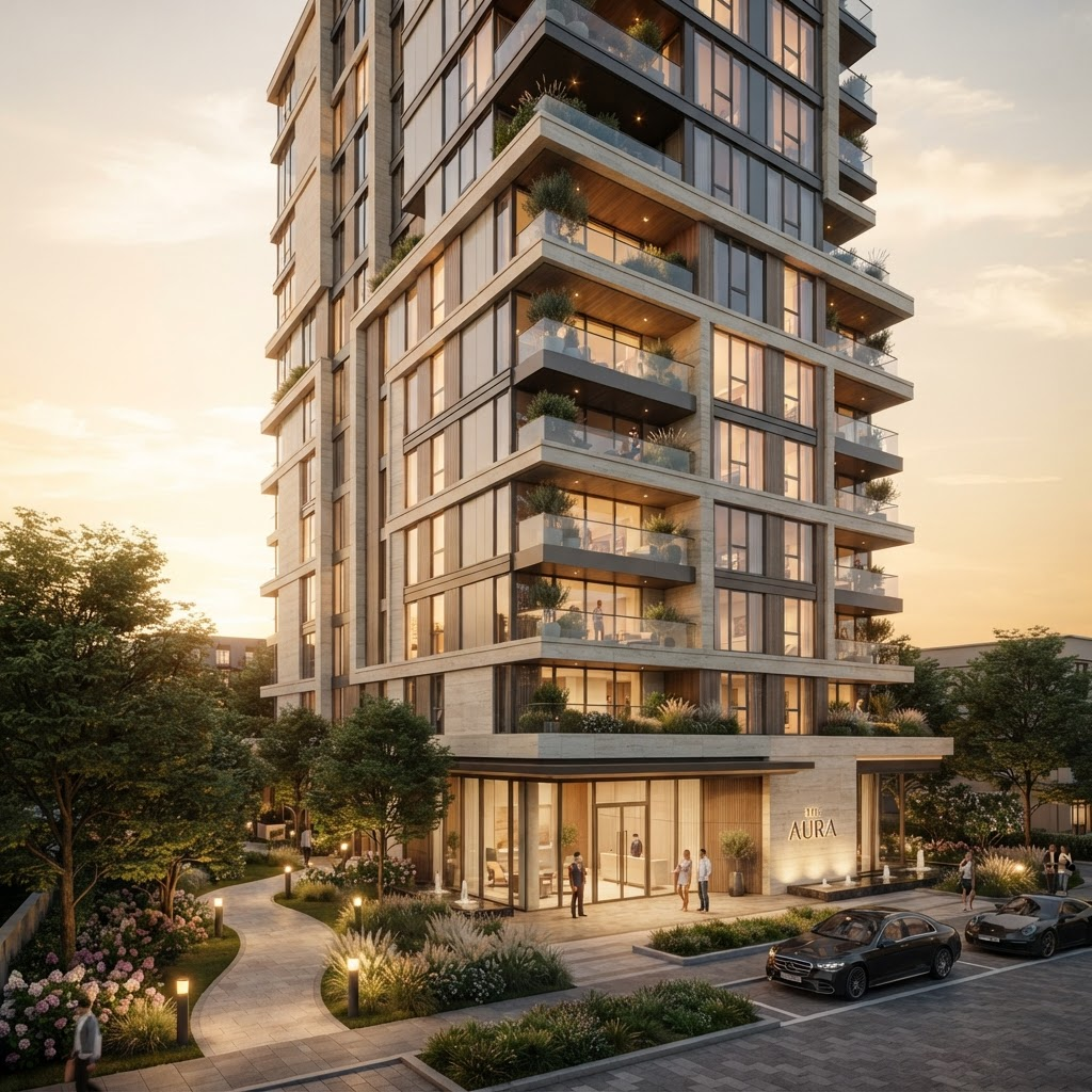 A modern luxury residential building at golden hour